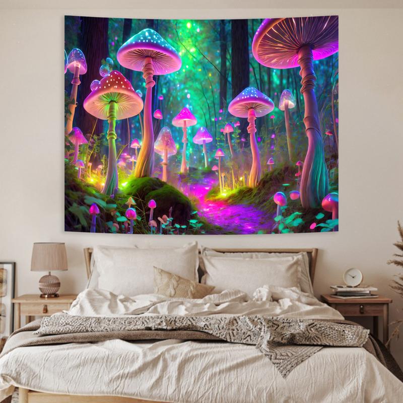 Fantasy Mushroom Tapestry Blacklight Neon Glow Forest Tapestry Wall Hanging Magical Landscape Wall Art for Bedroom