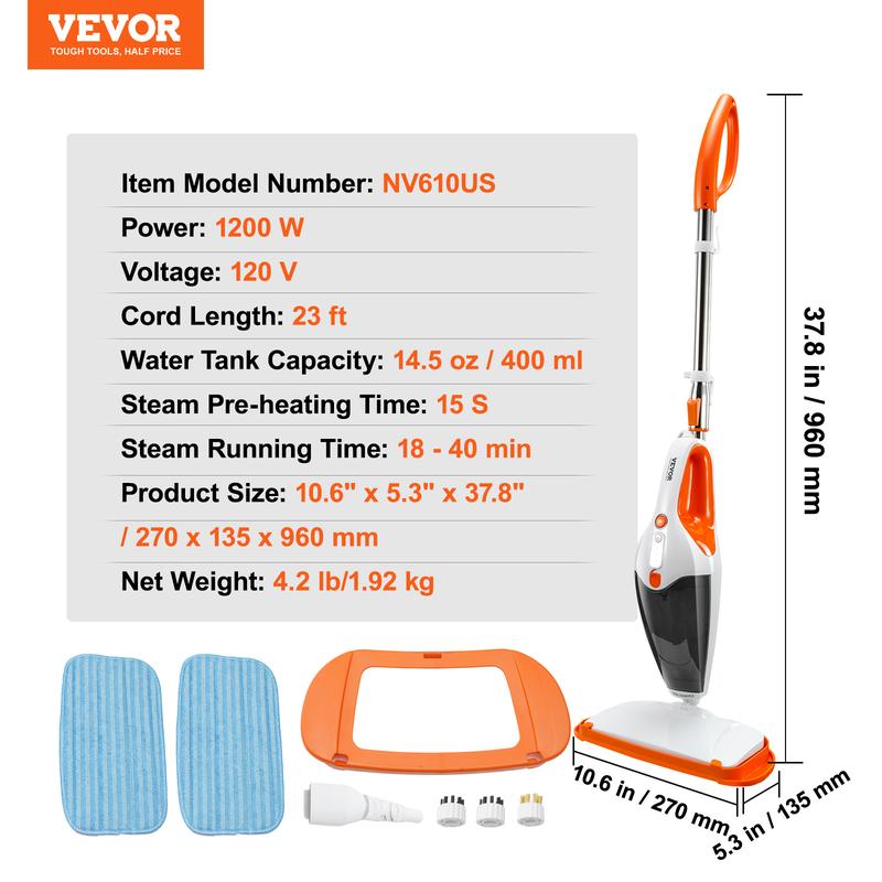 VEVOR Steam Mop, 5-in-1 Hard Wood Floor Cleaner with 4 Replaceable Brush Heads, for Various Hard Floors, Like Ceramic, Granite, Marble, Linoleum, Natural Floor Mop with 2 pcs Machine Washable Pads