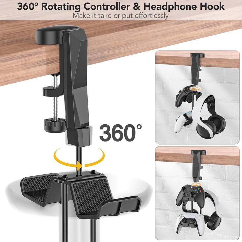 CHRISTMAS SALE:Controller Holder with Headphone Hook Clip Over & Under Desk, 2-Tier Gaming Headset Holder And Controller Stand, Under Desk Headphone Hanger & Game Controller Organizer with Cable Clip & 360° Rotation Racks Hanging