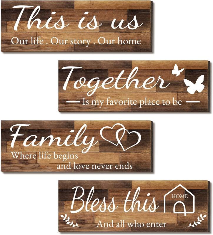 4 Pieces Home Wall Signs, THIS IS US TOGETHER BLESS THIS HOME FAMILY Wall Decor For Living Room Bedroom, Rustic Wooden Farmhouse Wall Art , 4.7 x 13.8 Inch(Brown) Decorative Gift Decorative Gift Hanging Set Entryway Ornaments