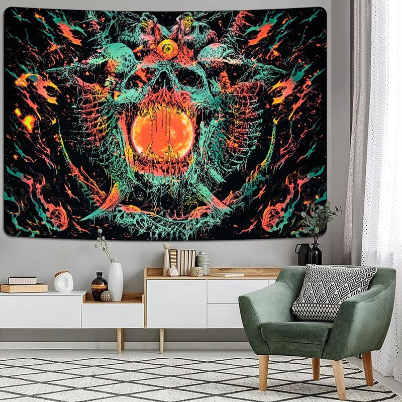 Black Light Decor Skeleton Tapestry | Colorful & Spooky Hippie Gothic Wall Tapestry.