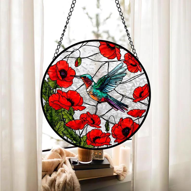 Hummingbird Poppy Flower Stain Glass Suncatcher, Poppy Suncatcher, Christmas Gift, Window Suncatcher, Unique Suncatcher, Love Hummingbird