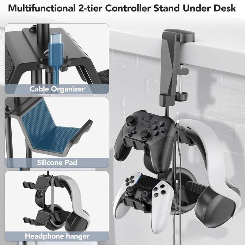 CHRISTMAS SALE:Controller Holder with Headphone Hook Clip Over & Under Desk, 2-Tier Gaming Headset Holder And Controller Stand, Under Desk Headphone Hanger & Game Controller Organizer with Cable Clip & 360° Rotation Racks Hanging