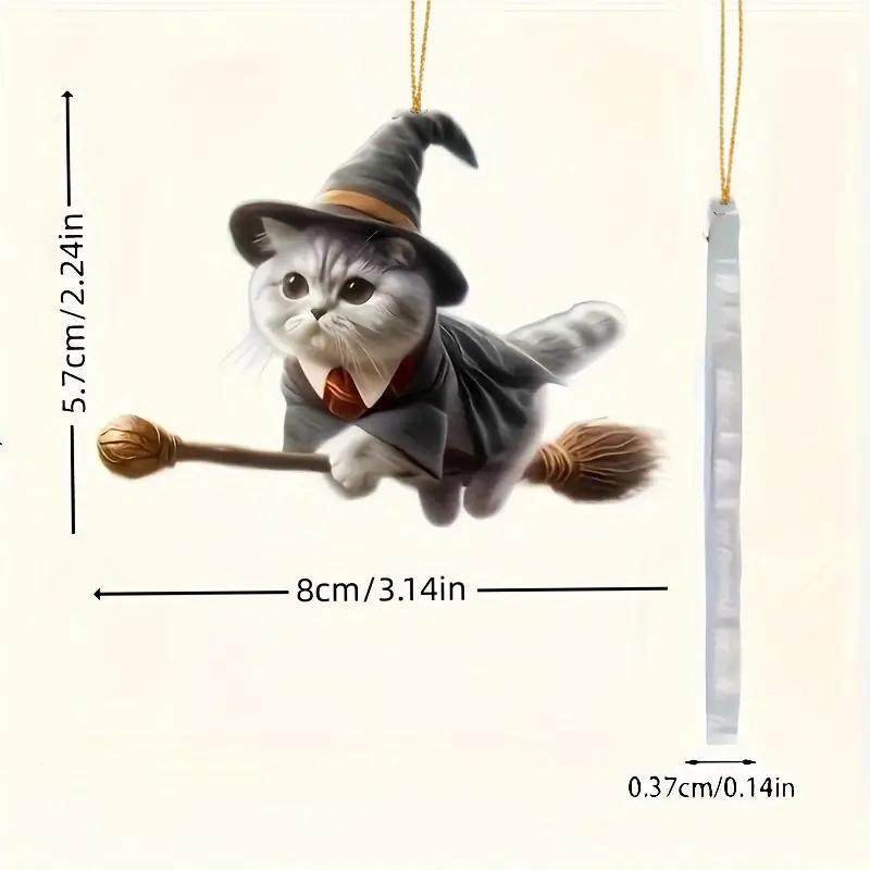 Wizard Cat Hanging Ornament, 1 Count Cute Cat Pendant Decoration with Broom, Fantasy Broom Flying Cat Pendant Decoration for Car and Home Interiors