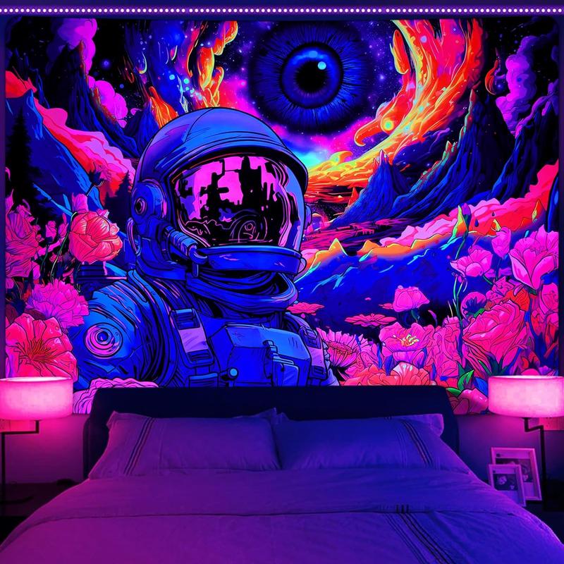 UV Reactive Space Tapestry - Neon Galaxy Astronaut with Flowers Wall Art for Bedroom Decor