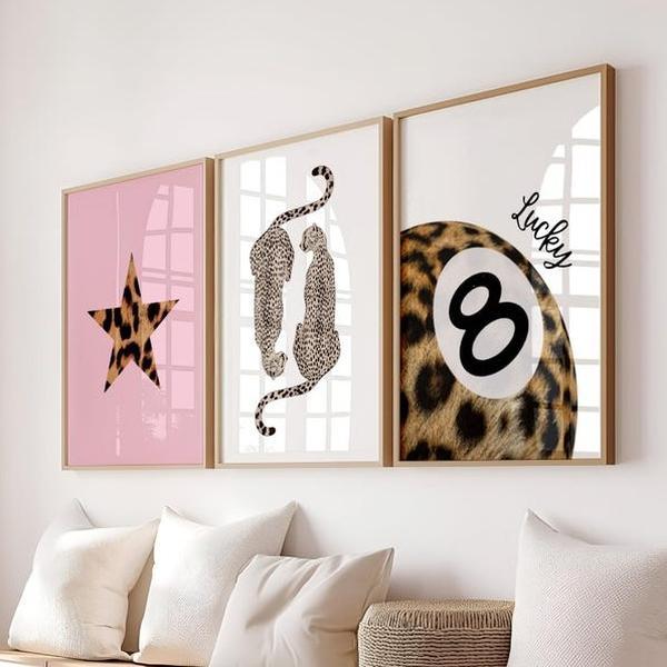 Set of 3 Leopard Prints, Lucky 8 Ball Cheetah Poster, How lucky are we, Preppy Retro Dorm Wall Art, Boho Maximalist Digital Decor Printable Wall Art Minimalist Typography Home Room Decor