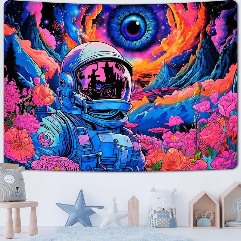 UV Reactive Space Tapestry - Neon Galaxy Astronaut with Flowers Wall Art for Bedroom Decor