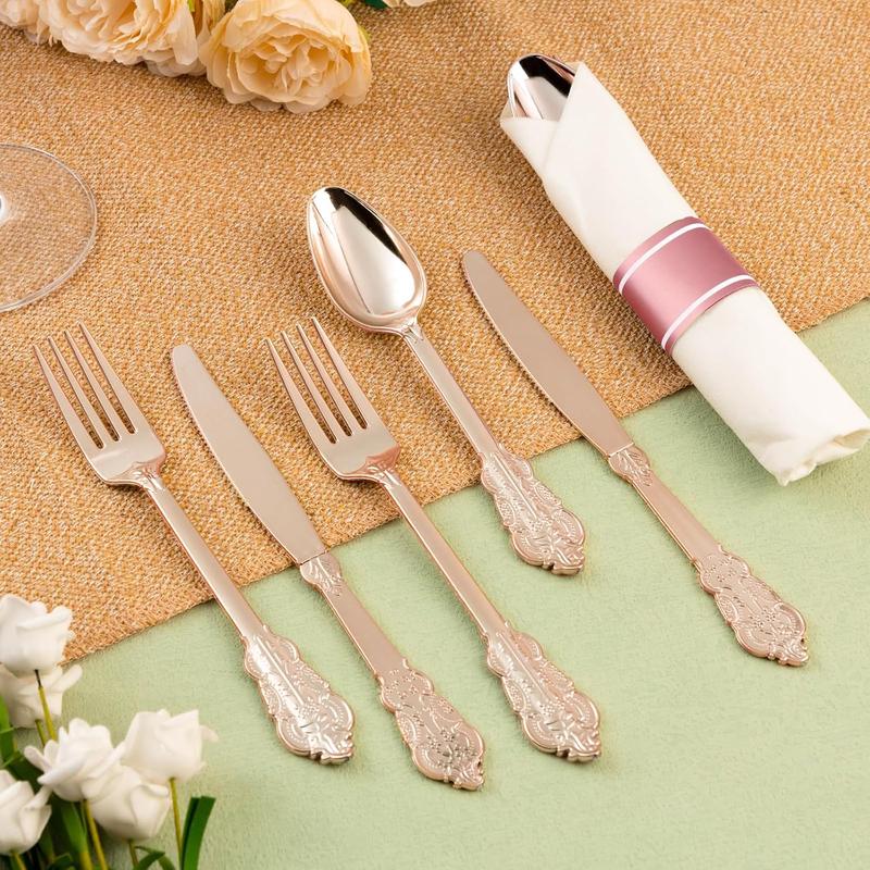 100 Pack Rose  Plastic Silverware with Pre Rolled Napkins for 100 Guests, Heavyweight Rose  Disposable Utensils Sets Includes 300 Plastic Cutlery, and 100 Napkins for Wedding & Party