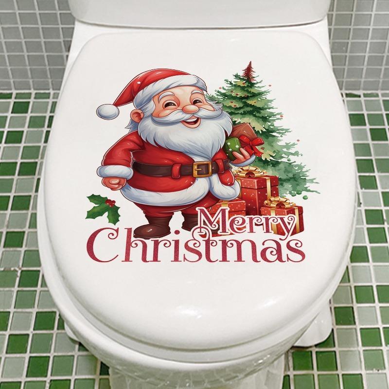 Cartoon Santa Claus Pattern Toilet Sticker, 1 Count Self-adhesive Toilet Lid Decal, Bathroom Decorative Wall Sticker, Toilet Accessories