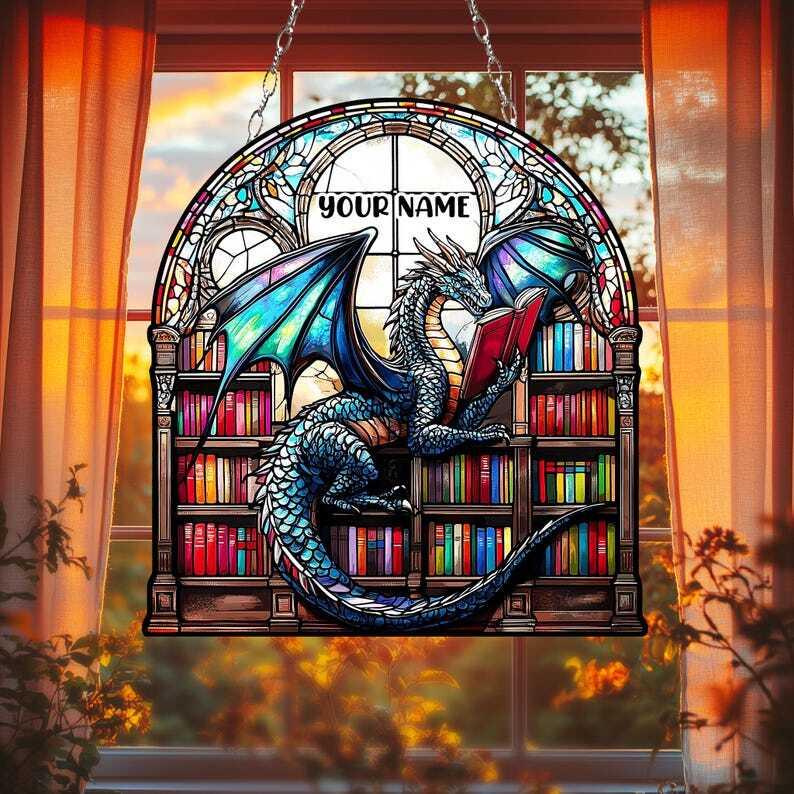 Custom Book Dragon ACRYLIC SUNCATCHER Fantasy Dragon Window Hanging For Bookish Home Decor Librarian Gift Book Lover Gift Christmas Gift