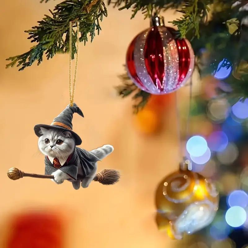 Wizard Cat Hanging Ornament, 1 Count Cute Cat Pendant Decoration with Broom, Fantasy Broom Flying Cat Pendant Decoration for Car and Home Interiors