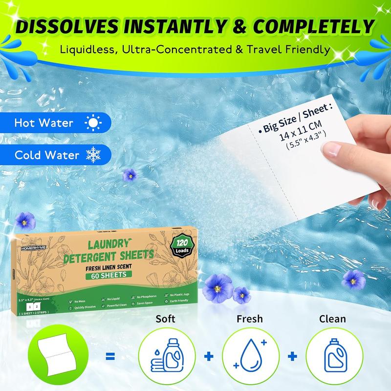 HOMERHYME Laundry Detergent Sheets, Dioxane Free Laundry Detergent, Fresh Linen Scent 120 Loads (60 Sheets), Detergent Zero Waste, Plastic Free Laudry Detergent for Travel,Dorms, Home,Apartments, Laundry Booster, Household Laundrydetergent Soap Sheets