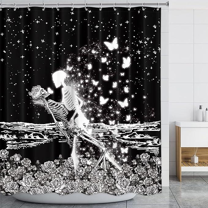 Skull Skeleton Lovers Shower Curtain 60Wx71H Inch Gothic Black White Sugar Spooky Halloween Shower Curtain Bathroom Set Abstract Butterfly Rose Floral Bathtub Accessoriess Decor for Men Woman