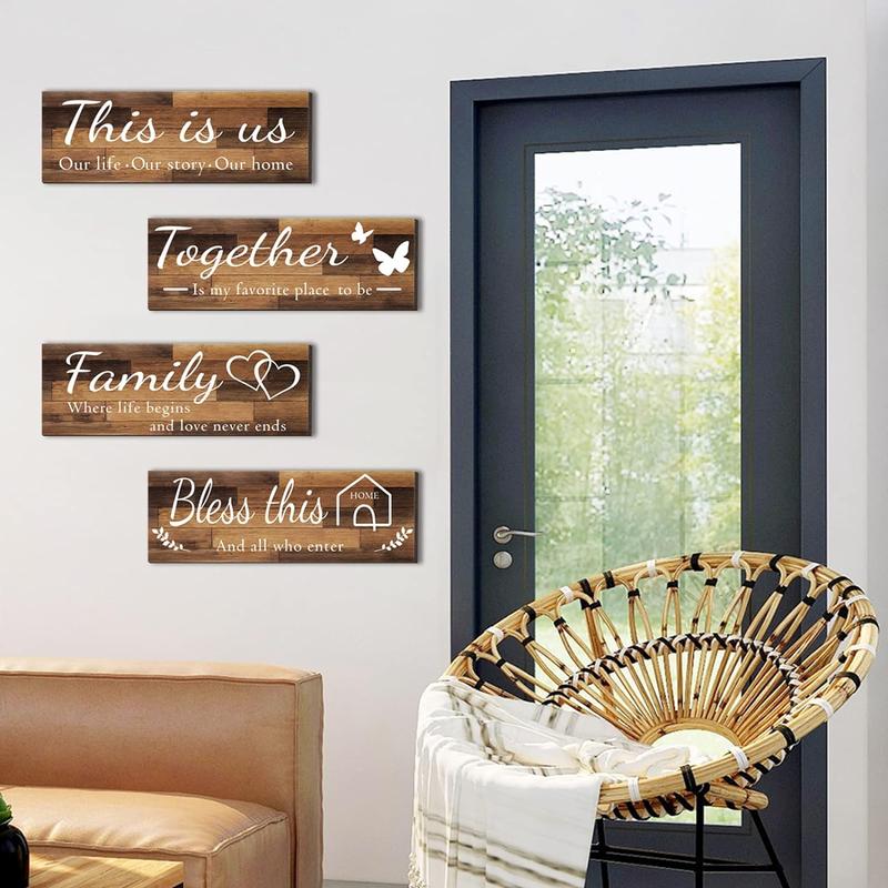 4 Pieces Home Wall Signs, THIS IS US TOGETHER BLESS THIS HOME FAMILY Wall Decor For Living Room Bedroom, Rustic Wooden Farmhouse Wall Art , 4.7 x 13.8 Inch(Brown) Decorative Gift Decorative Gift Hanging Set Entryway Ornaments