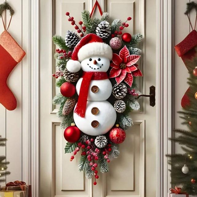 70.8inch X 35.4inch Christmas Vertical Background Cloth, Vintage Snowman Wreath Bell Pattern Curtain, Winter Home Decor Banner