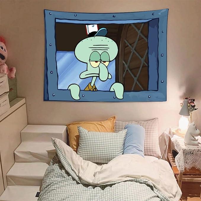 Fun Squidward cartoon tapestry hanging window design 3*5FT bedroom home decor size polyester durable color-proof Decoration