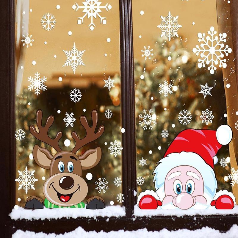 Christmas Themed Window Sticker, 4 Counts set Santa Claus & Elk & Snowflake Cartoon Pattern Double Sided Window Decal, Removable Static Cling Window Sticker for Home Party Decor