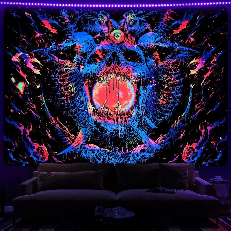 Black Light Decor Skeleton Tapestry | Colorful & Spooky Hippie Gothic Wall Tapestry.