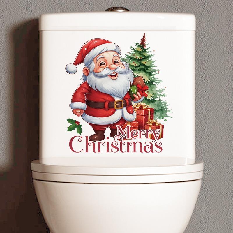 Cartoon Santa Claus Pattern Toilet Sticker, 1 Count Self-adhesive Toilet Lid Decal, Bathroom Decorative Wall Sticker, Toilet Accessories