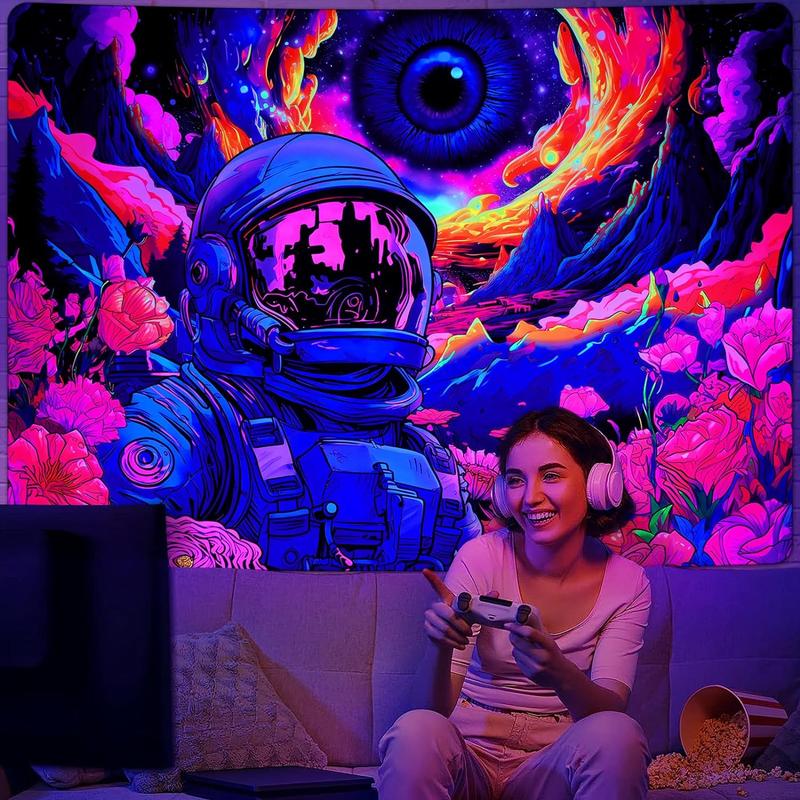 UV Reactive Space Tapestry - Neon Galaxy Astronaut with Flowers Wall Art for Bedroom Decor