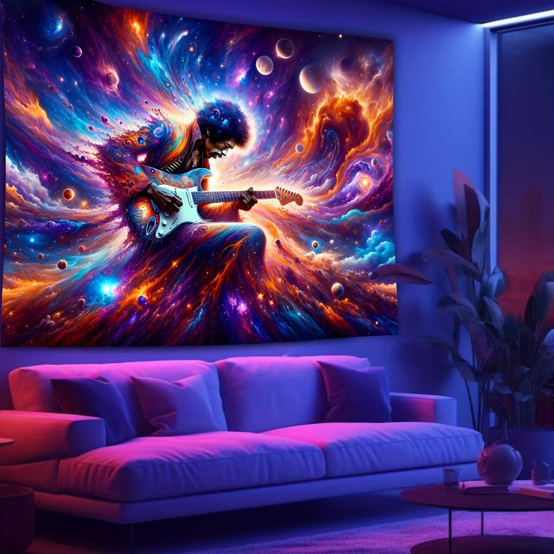  Vibrant Blacklight UV Reactive Guitar Rockstar Tapestry - Immersive Artwork Poster for Dark Party Backdrop, Neon Space Decor, Art Wall Hanging for Bedroom, Living Room, Dorm - Unique Music-Themed Decorative Artwork