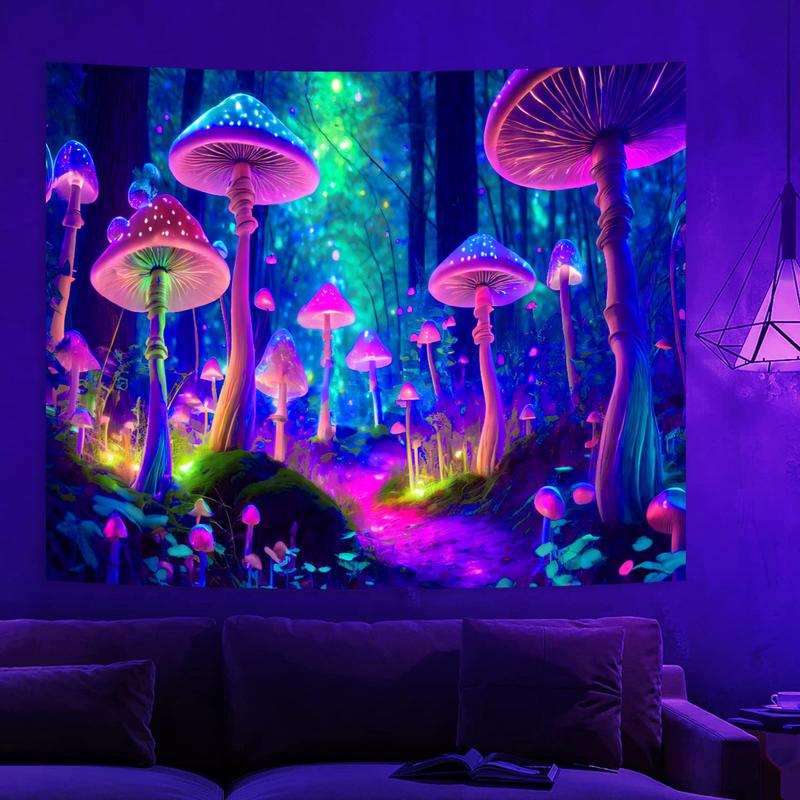 Fantasy Mushroom Tapestry Blacklight Neon Glow Forest Tapestry Wall Hanging Magical Landscape Wall Art for Bedroom