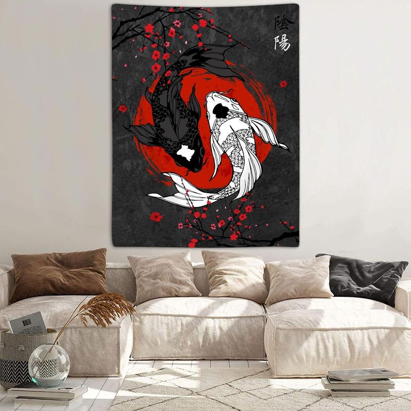 Japanese Yin Yang Koi Fish Tapestry, Cool Red and Black Anime Sakura Art Tapestries Vertical Wall Hanging for Men Bedroom Living Room Office Decor