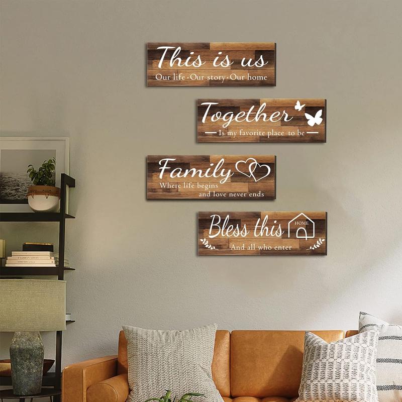 4 Pieces Home Wall Signs, THIS IS US TOGETHER BLESS THIS HOME FAMILY Wall Decor For Living Room Bedroom, Rustic Wooden Farmhouse Wall Art , 4.7 x 13.8 Inch(Brown) Decorative Gift Decorative Gift Hanging Set Entryway Ornaments