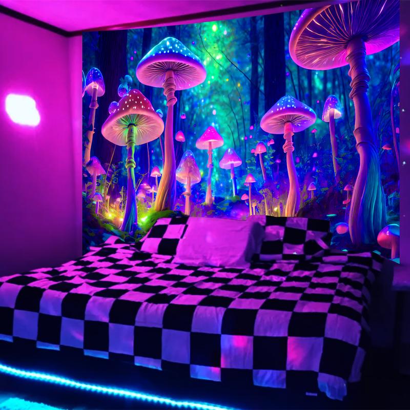 Fantasy Mushroom Tapestry Blacklight Neon Glow Forest Tapestry Wall Hanging Magical Landscape Wall Art for Bedroom