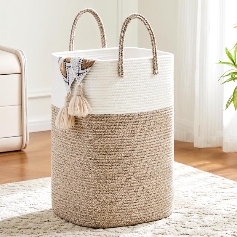 jumbo size Cotton material laundry basket, woven cotton rope laundry basket, 10.57  15.85gal  21.13gal  26.42gal multifunctional storage of dirty clothes, toys, and blankets in the bathroom, nursery, and living room, laundry storage