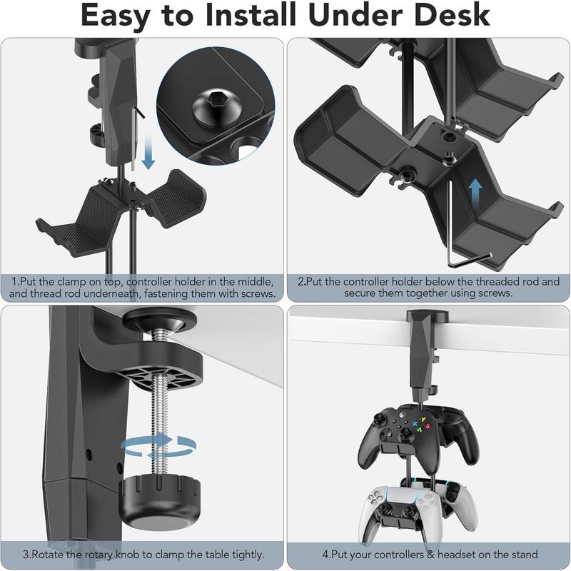 CHRISTMAS SALE:Controller Holder with Headphone Hook Clip Over & Under Desk, 2-Tier Gaming Headset Holder And Controller Stand, Under Desk Headphone Hanger & Game Controller Organizer with Cable Clip & 360° Rotation Racks Hanging