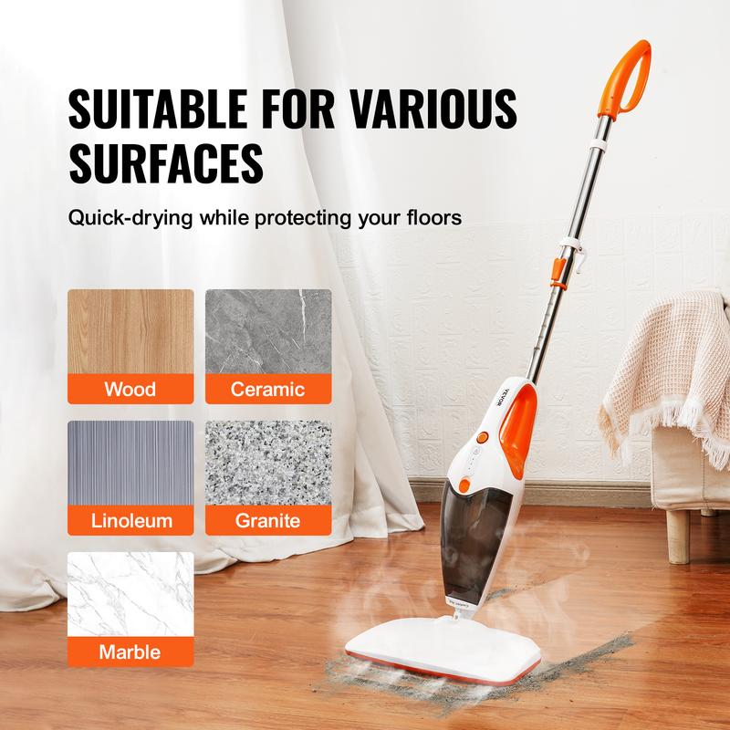 VEVOR Steam Mop, 5-in-1 Hard Wood Floor Cleaner with 4 Replaceable Brush Heads, for Various Hard Floors, Like Ceramic, Granite, Marble, Linoleum, Natural Floor Mop with 2 pcs Machine Washable Pads