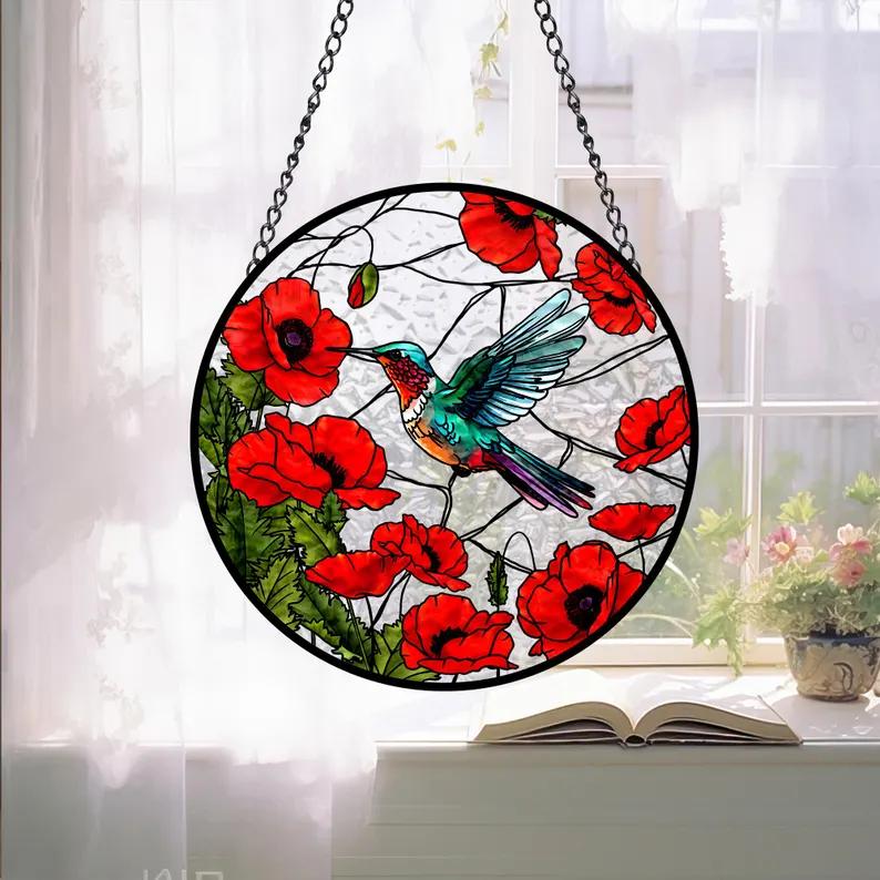 Hummingbird Poppy Flower Stain Glass Suncatcher, Poppy Suncatcher, Christmas Gift, Window Suncatcher, Unique Suncatcher, Love Hummingbird