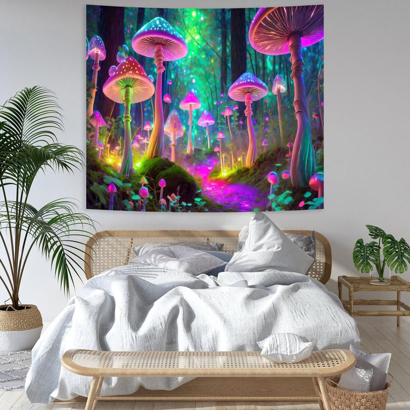 Fantasy Mushroom Tapestry Blacklight Neon Glow Forest Tapestry Wall Hanging Magical Landscape Wall Art for Bedroom