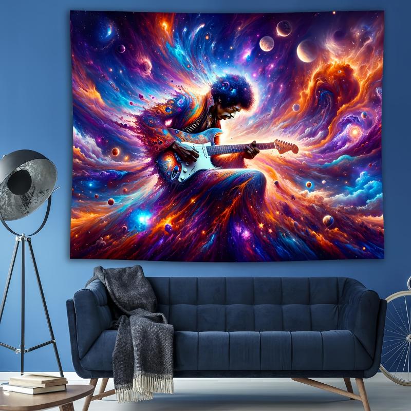  Vibrant Blacklight UV Reactive Guitar Rockstar Tapestry - Immersive Artwork Poster for Dark Party Backdrop, Neon Space Decor, Art Wall Hanging for Bedroom, Living Room, Dorm - Unique Music-Themed Decorative Artwork