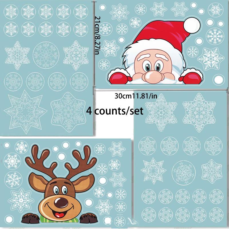 Christmas Themed Window Sticker, 4 Counts set Santa Claus & Elk & Snowflake Cartoon Pattern Double Sided Window Decal, Removable Static Cling Window Sticker for Home Party Decor