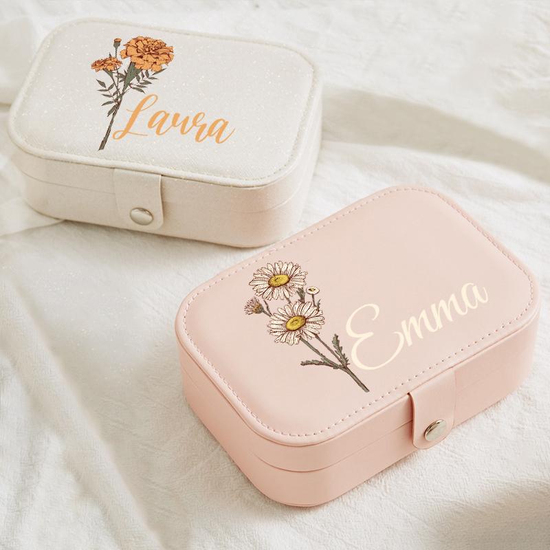 Leather Name Jewelry Box With Birth Flower, Woman Jewelry Organizer Case, Valentines Day Gifts, Gift For Her, Gift For Woman, Travel Jewelry Case