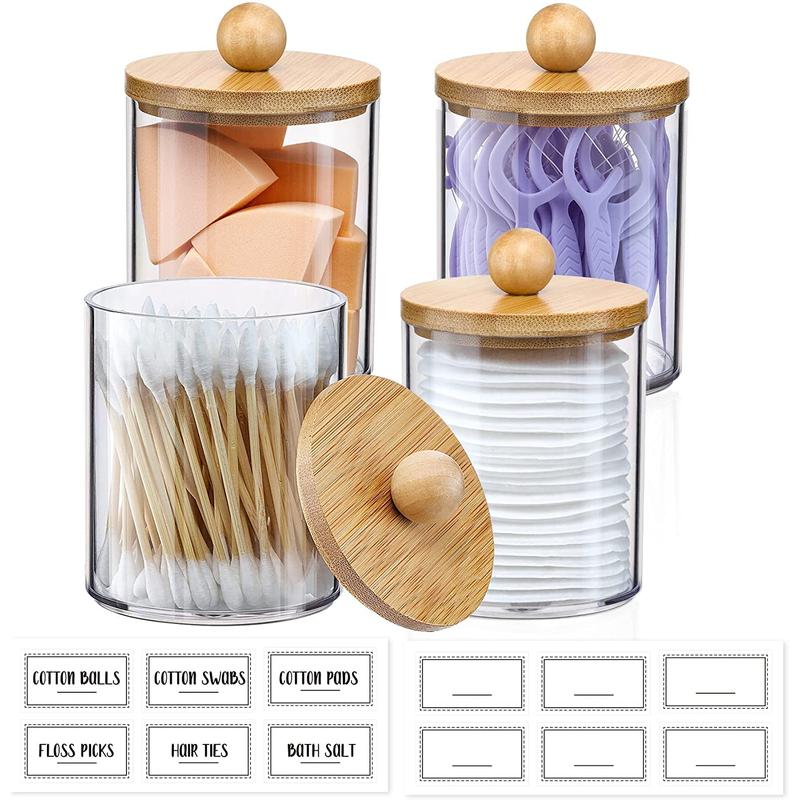 4 Pack Qtip Holder Dispenser with Bamboo Lids - 10 Oz Clear Plastic Apothecary Jar Containers for Vanity Makeup Organizer Storage - Bathroom Accessories Set for Cotton Swab, Ball, Pads, Floss VITEVER