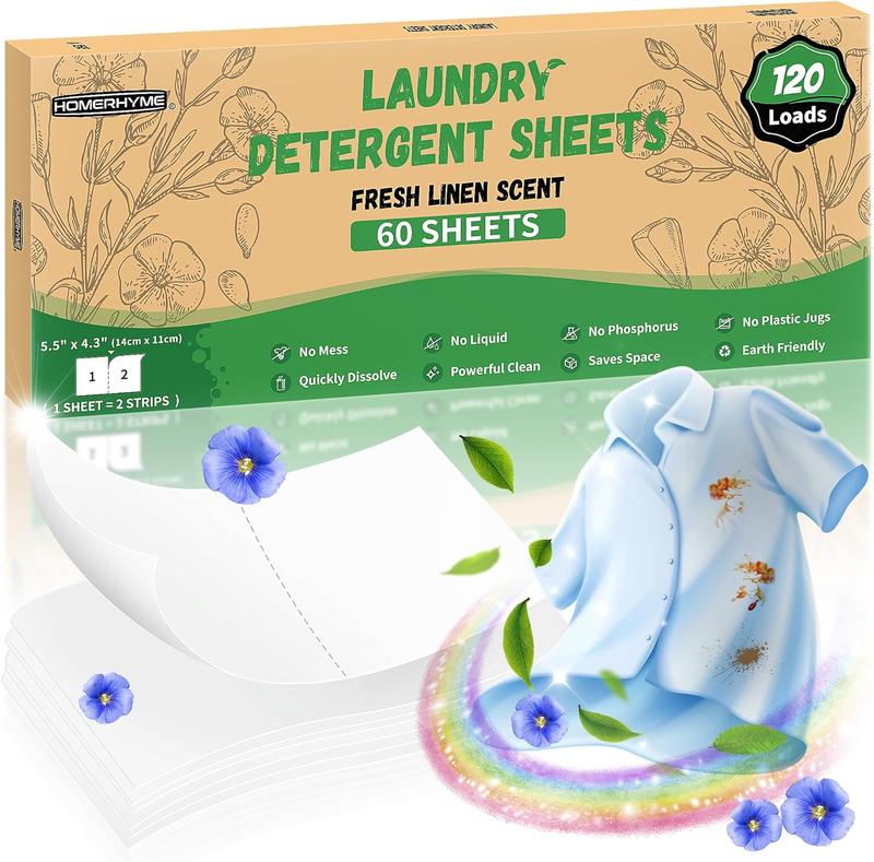 HOMERHYME Laundry Detergent Sheets, Dioxane Free Laundry Detergent, Fresh Linen Scent 120 Loads (60 Sheets), Detergent Zero Waste, Plastic Free Laudry Detergent for Travel,Dorms, Home,Apartments, Laundry Booster, Household Laundrydetergent Soap Sheets