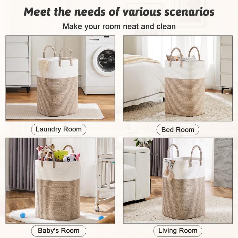 jumbo size Cotton material laundry basket, woven cotton rope laundry basket, 10.57  15.85gal  21.13gal  26.42gal multifunctional storage of dirty clothes, toys, and blankets in the bathroom, nursery, and living room, laundry storage