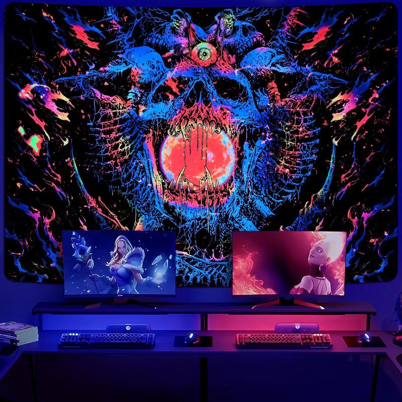 Black Light Decor Skeleton Tapestry | Colorful & Spooky Hippie Gothic Wall Tapestry.