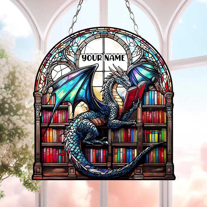 Custom Book Dragon ACRYLIC SUNCATCHER Fantasy Dragon Window Hanging For Bookish Home Decor Librarian Gift Book Lover Gift Christmas Gift