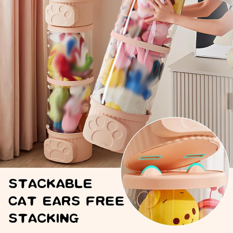 Stuffed Animal Storage Tube with LED String Light, Transparent Doll Organizer, Stackable Toy Display Bucket, Stuff Plushie Toys Tube for Nursery Playroom Bedroom Kids Room,Pink,47cm 18in