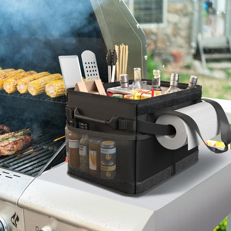 Barbecue & Picnic Bag with Paper Towel Holder, Collapsible & Easy Carry Tableware Storage Bag, Bbq Organizer for Utensil, Plate, Condiment, Travel Bag