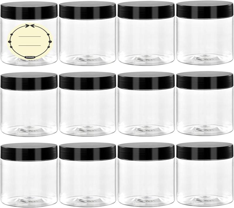 4 Oz Clear Plastic Container Jars with Lids and Labels for Lotion, Cream, Ointments, Body Butter, Makeup, Travel Storage (12 Pack) - Adjustable, Soap