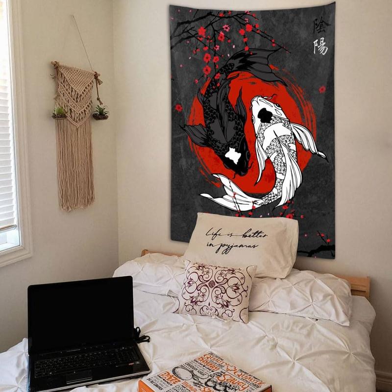 Japanese Yin Yang Koi Fish Tapestry, Cool Red and Black Anime Sakura Art Tapestries Vertical Wall Hanging for Men Bedroom Living Room Office Decor