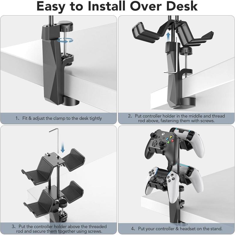 CHRISTMAS SALE:Controller Holder with Headphone Hook Clip Over & Under Desk, 2-Tier Gaming Headset Holder And Controller Stand, Under Desk Headphone Hanger & Game Controller Organizer with Cable Clip & 360° Rotation Racks Hanging