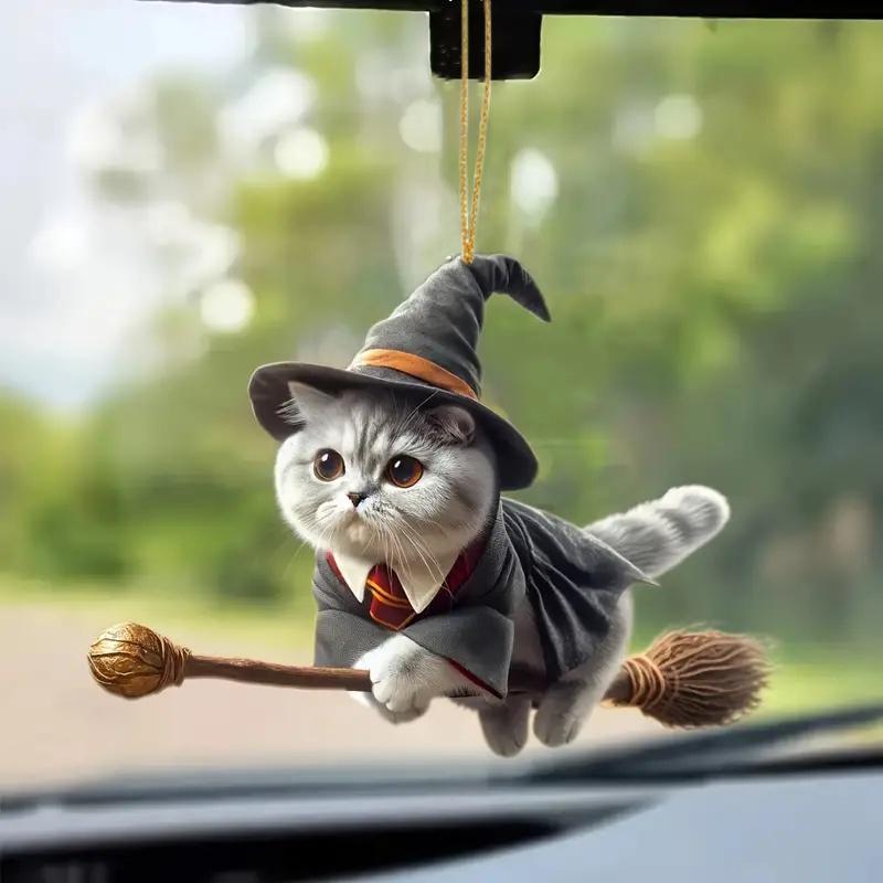 Wizard Cat Hanging Ornament, 1 Count Cute Cat Pendant Decoration with Broom, Fantasy Broom Flying Cat Pendant Decoration for Car and Home Interiors