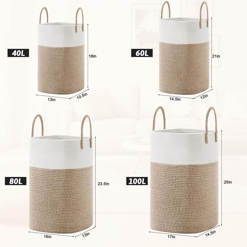 jumbo size Cotton material laundry basket, woven cotton rope laundry basket, 10.57  15.85gal  21.13gal  26.42gal multifunctional storage of dirty clothes, toys, and blankets in the bathroom, nursery, and living room, laundry storage