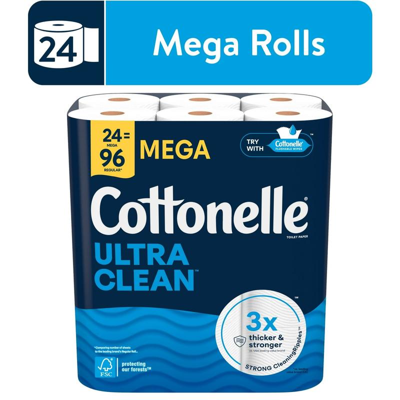 Cottonelle Ultra Clean Toilet Paper, Strong Toilet Tissue, 24 Mega Rolls